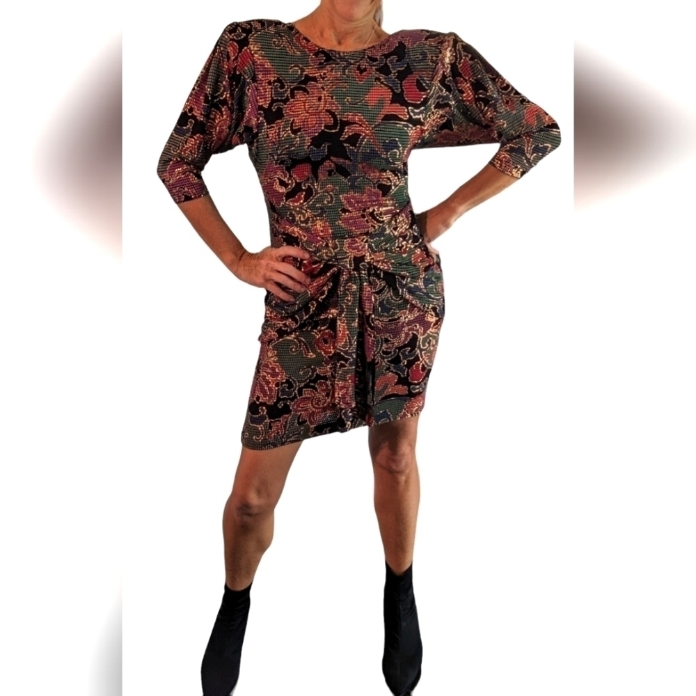 Vintage Janine Italy Metallic Floral Abstract Cutout Back Dress 80s Glam Petite